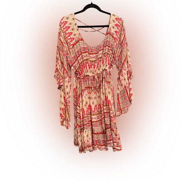 Rebellion Dresses & Skirts - Rebellion Red and Cream Paisley Boho Asymmetrical Bell Sleeve Dress 100% Rayon